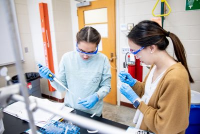 Two biochemistry students working in a lab