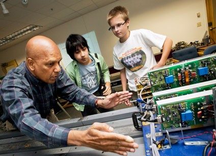 The two students look at technology