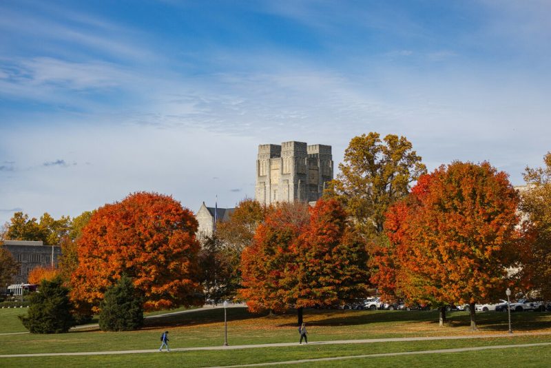 Fall colors adorn trees surrounding the Drillfield in front of Burruss Hall. 