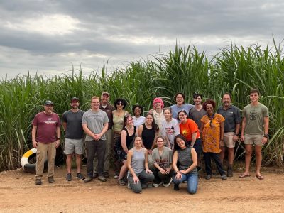 group of people in a field with green plants in the background.