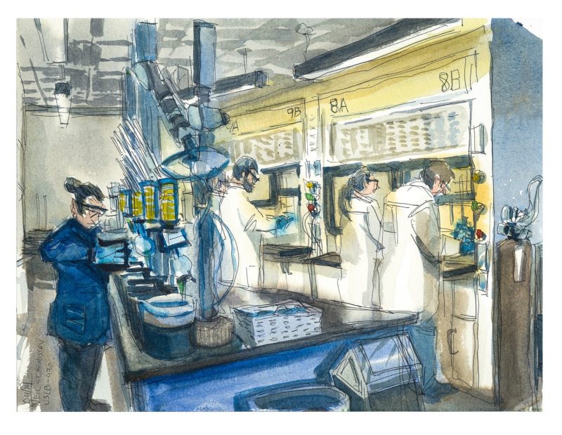 Watercolor and ink sketch of students in an undergrad organic chemistry lab in the newly opened  Undergraduate Science Laboratory Building