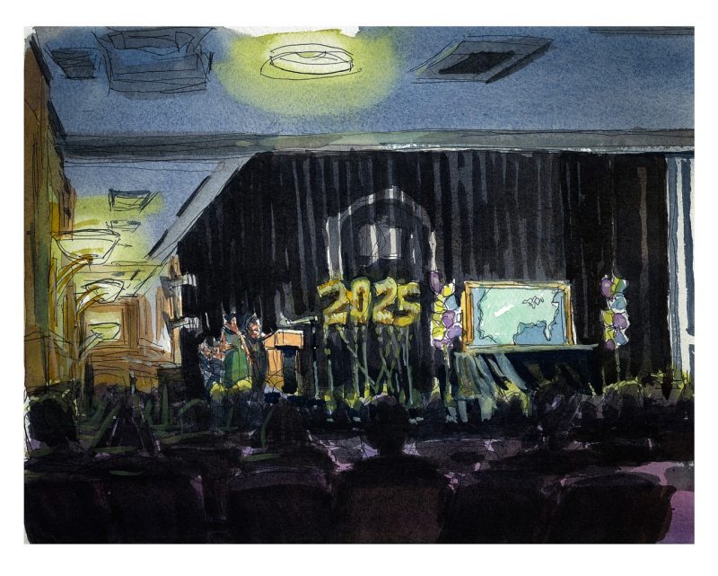 Watercolor of interior of Jefferson Center for the School of Mediciner Superlatives ceremony before the public ceremony