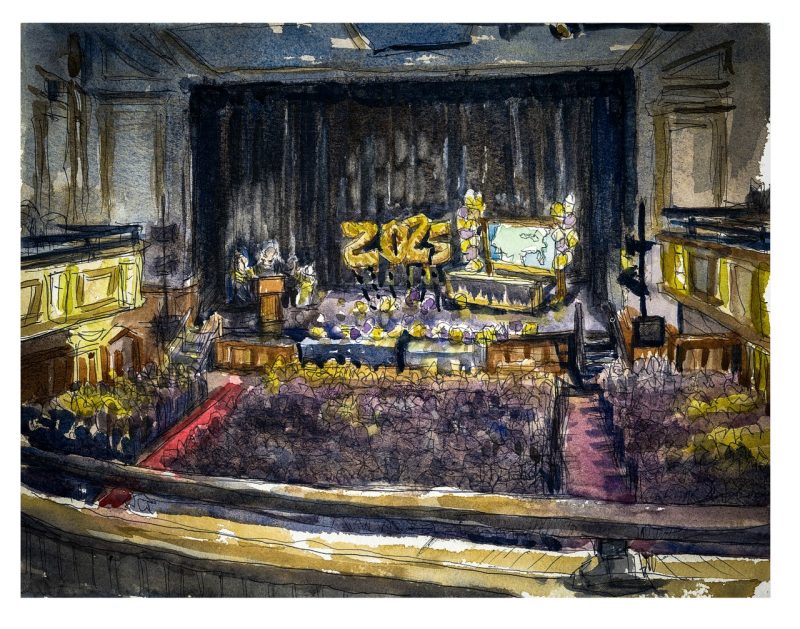 Watercolor of the match day ceremony at the Virginia Tech Carilion School of Medicine; the images is of a stage with 2025 balloons and a giant map for inserting pins where medical students will be residents