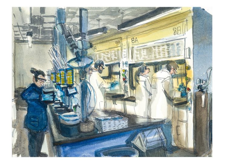 Watercolor and ink sketch of students in an undergrad organic chemistry lab in the newly opened  Undergraduate Science Laboratory Building