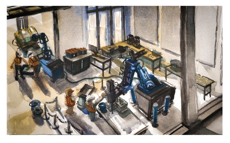 Watercolor sketch of the 3d concrete printer inside the procon innovation center