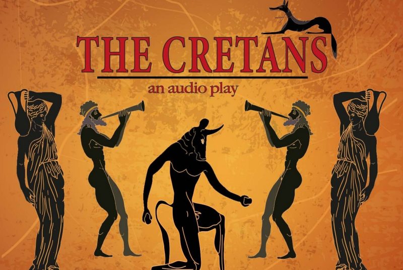 Greek art images of people and a minotaur rendered in black silhouette on a  burnt orange colored background.