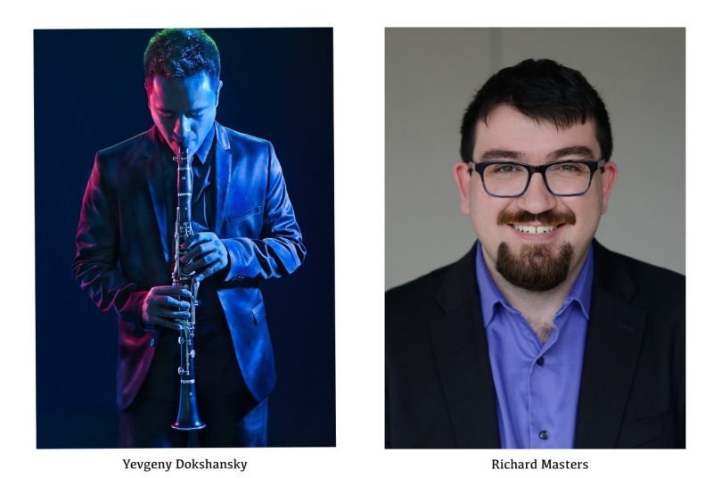 A man on the left wearing a dark suit, with his head down, playing a clarinet, and a headshot on the right of a an wearing a dark jacket and glasses.