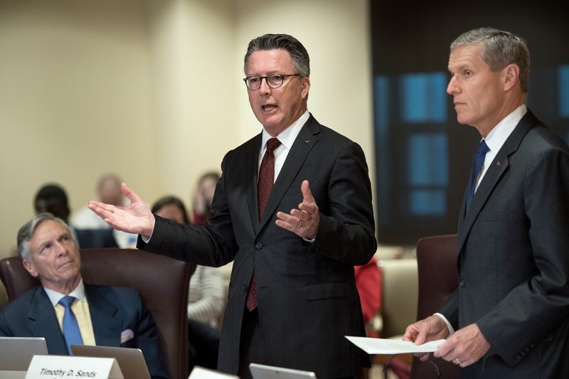 Tim Sands speaks at the Board of Visitors. 