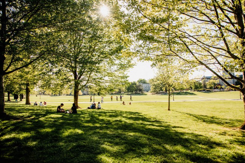 Image shows activity on the drillfield as a spring day comes to an end.