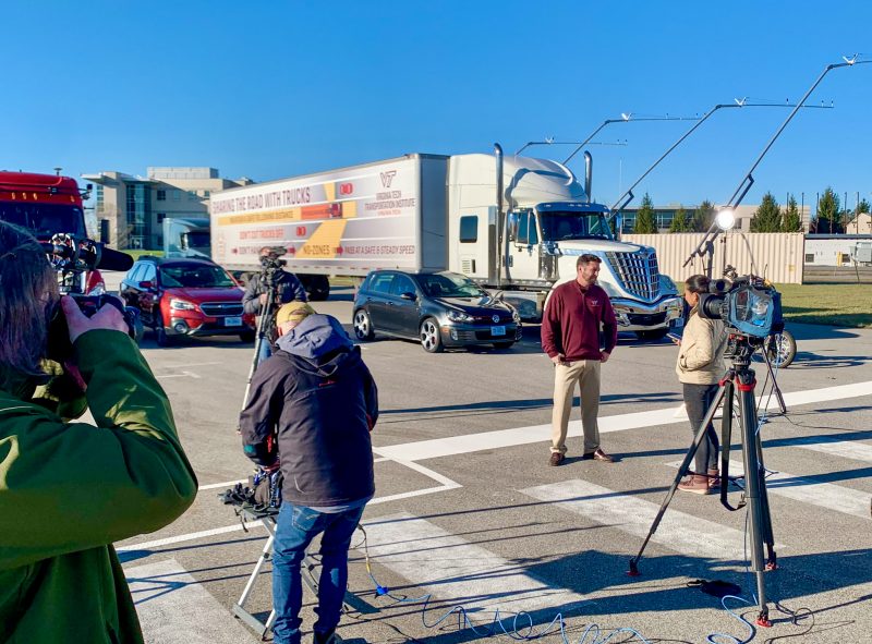 Virginia Tech Transportation Institute researcher Matt Camden speaking with Good Morning America reporter Stephanie Ramos. Photo by Eric Holbrook for Virginia Tech.