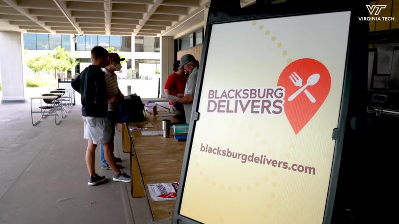 Blacksburg Delivers sign - a new program to deliver food from local restaurants to campus for faculty, staff, and students who order. 