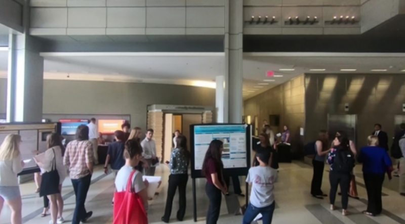 people walking around looking at posters